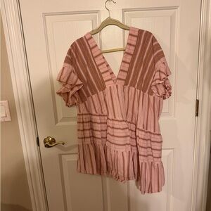 Free People Pink and Brown Striped V-Neck  Dress